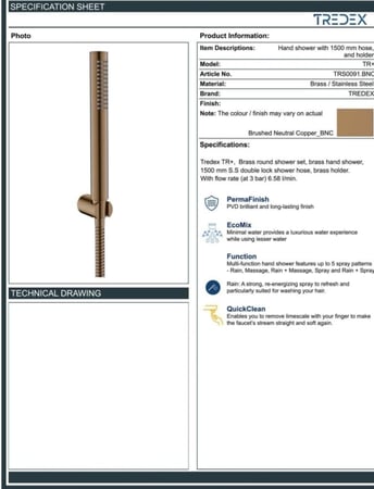سماعة دش شور ذهبي نحاسي 1500mm موديل TS-TRS0091 - تردكس TREDEX