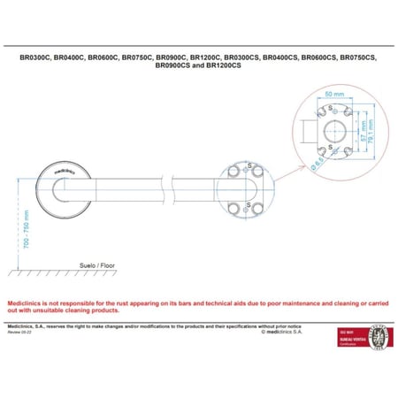 مسكة مقبض حمام مستقيم للأمان والدعم لكبار السن وذوي الإعاقة مقاس 61 سم كروم مطفي - ميدكلينكس mediclinics