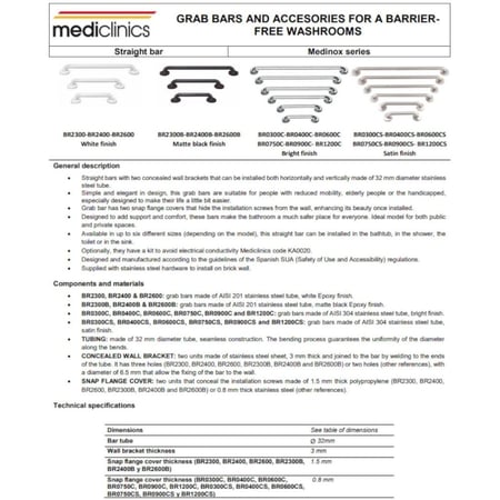 مسكة مقبض حمام مستقيم للأمان والدعم لكبار السن وذوي الإعاقة مقاس 61 سم كروم مطفي - ميدكلينكس mediclinics