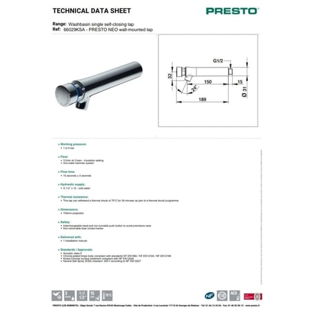 خلاط وضوء مساجد جداري مع مؤقِت 66029KSA فرنسي - بريستو PRESTO