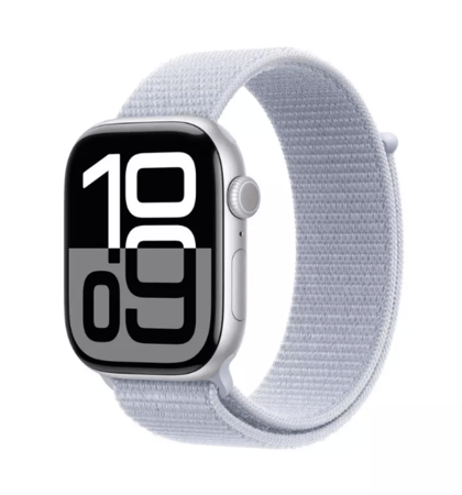 ابل، ساعة الجيل العاشر، جي بي اس، 42 ملم، غطاء ألمنيوم فضي، سوار أزرق سماوي رياضي