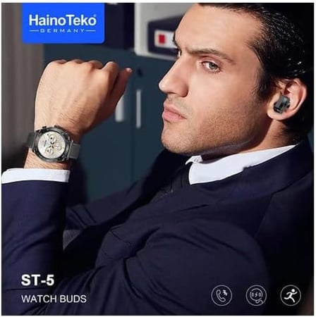 ساعة و سماعة اذن جيرماني ST5 من هاينو تيكو بتصميم دائري وشاشة اموليد ذكية تعمل بالبلوتوث للرجال (اسود)