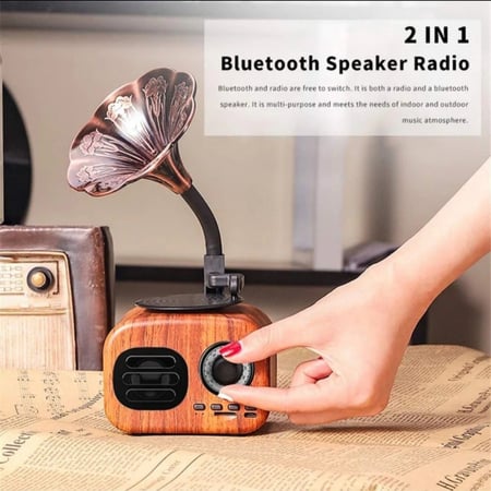 مكبر صوت ستيريو حجم صغير بشكل جرامافون ، يدعم الراديو وأيضا يدعم البلوتوث و AUX، قابل للشحن والنقل اللون البني