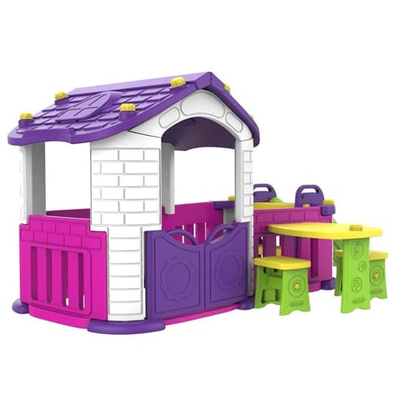 بيت ألعاب للأطفال مع طاولة وكراسي وزحليقة – تصميم آمن ومرح للحديقة أو المنزل