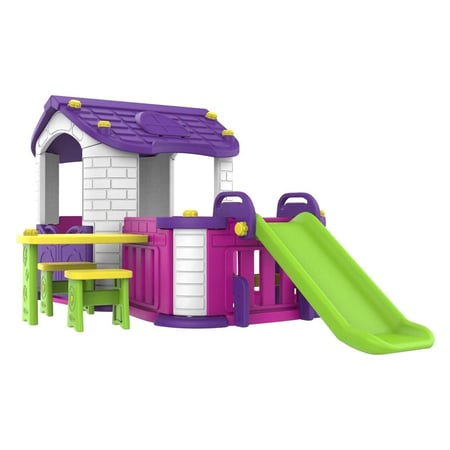 بيت ألعاب للأطفال مع طاولة وكراسي وزحليقة – تصميم آمن ومرح للحديقة أو المنزل