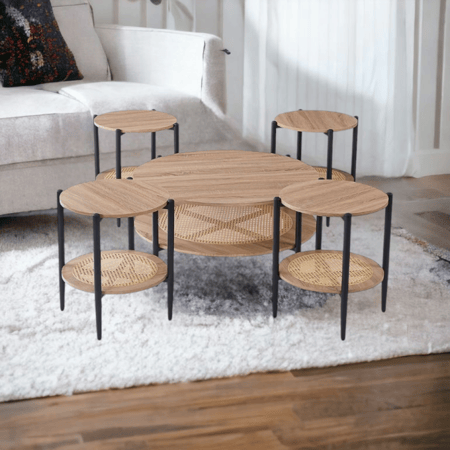 طقم طاولات خشب مع راتان 5 قطع