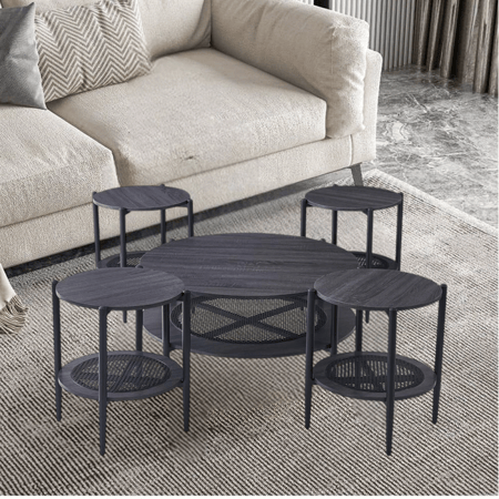 طقم طاولات خشب مع راتان 5 قطع