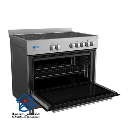 موقد ميديا 90*60 سيراميك مع فرن كهربائي 5 عيون فضي