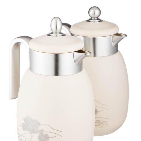 طقم ترامس لوفر 2 قطعة ابيض وفضي مطفي ( سعة 1 لتر ) من الداخل زجاج