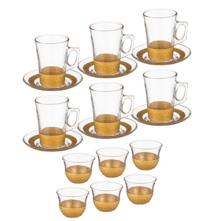 طقم شاي وقهوة زجاج 18 قطعة مثلج ذهبي 145 مل