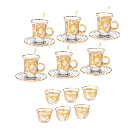 طقم شاي وقهوة زجاج تركي 25 قطعة نقش ذهبي