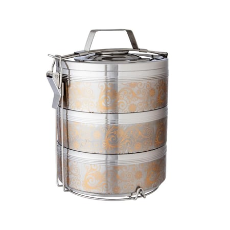 حافظة طعام استيل نقش ذهبي 3 دور بحامل 6 لتر