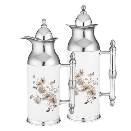 طقم ترامس ريفان قطعتين (1 لتر + 0.7 لتر) لون أبيض وفضي بنقوش زهور