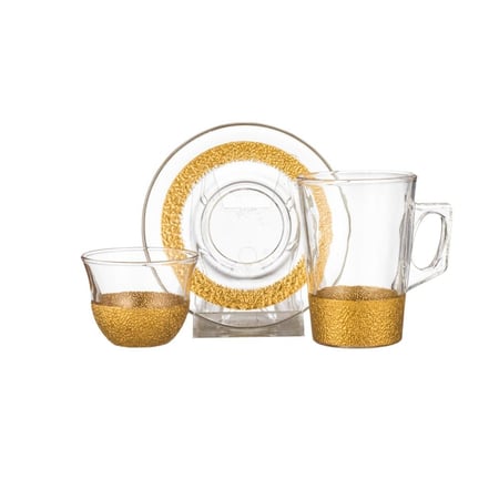 طقم شاي وقهوة زجاج 18 قطعة مثلج ذهبي 145 مل