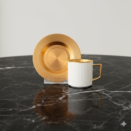 فناجين قهوة تركي ابيض وذهبي صحن معدن 12 قطعة