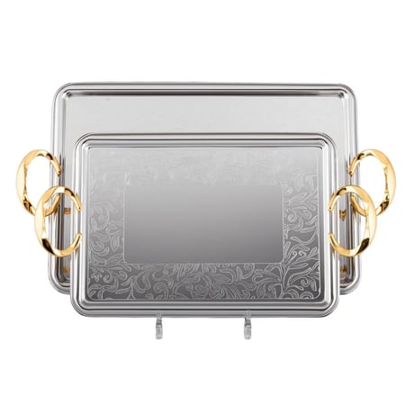 طقم صواني معدن مستطيل نيكل منقوش وذهبي 2 قطعة