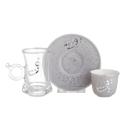 طقم فناجين شاي وقهوة 18 قطعة زخاريف رمادي 6 اشخاص