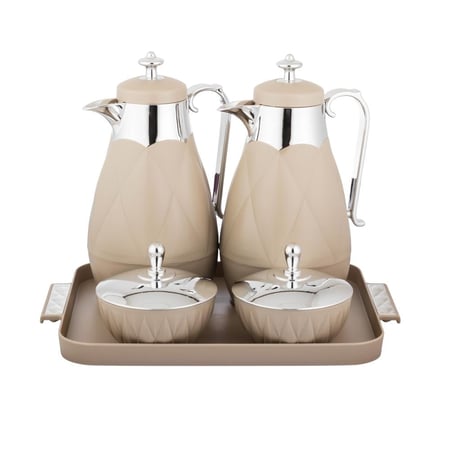 طقم ترامس لوفر 2 قطعة 1 لتر مع تبسي وتمريات بلاستيك بيج وفضي 5 قطعة