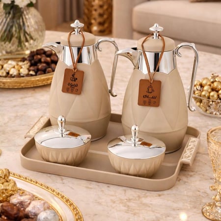 طقم ترامس لوفر 2 قطعة 1 لتر مع تبسي وتمريات بلاستيك بيج وفضي 5 قطعة