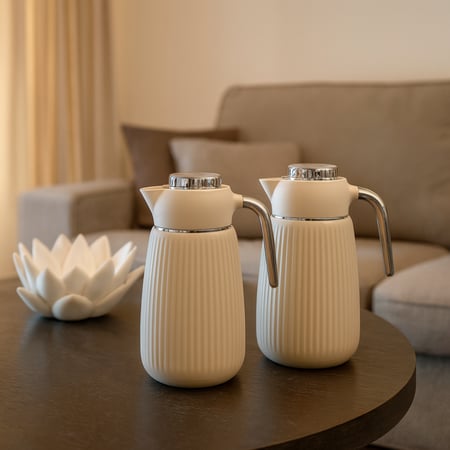 طقم ترامس لالوزا بيج مخطط وفضي 2 قطعة داخل زجاج 1 لتر