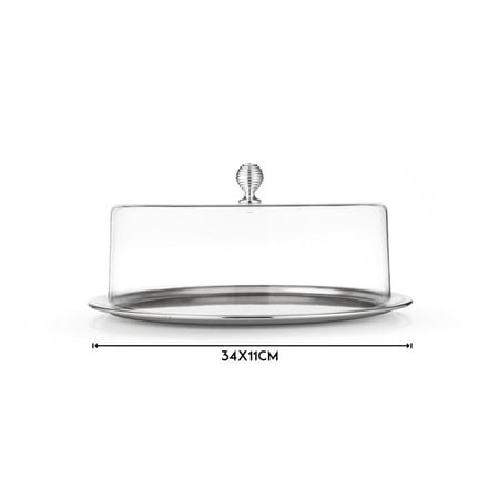 صحن كيك معدن نيكل سادة بغطاء اكرليك شفاف مدور مقاس 34 سم
