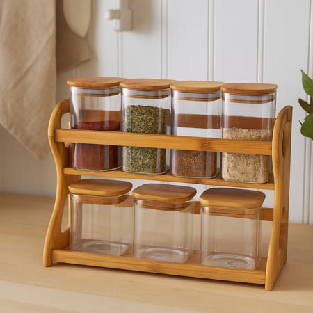 طقم علب سكر وشاي وبهارات  زجاج مع استاند خشب