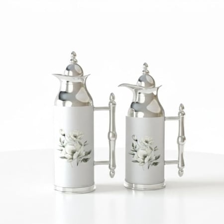 طقم ترامس ريفان قطعتين (1 لتر + 0.7 لتر) فضي وأبيض بنقوش زهور أنيقة