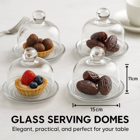 طقم صحون كيك كونيا زجاج فاخر بغطاء متحرك ميني مقاس 15 سم 4 قطع