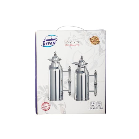 طقم ترامس ريفان قطعتين (1 لتر + 0.7 لتر) لون أبيض وفضي بنقوش زهور