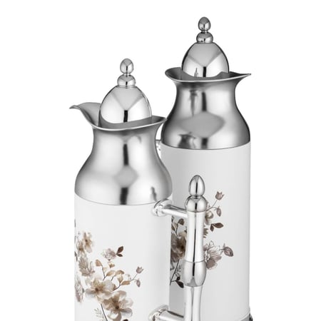 طقم ترامس ريفان قطعتين (1 لتر + 0.7 لتر) لون أبيض وفضي بنقوش زهور