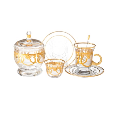 طقم شاي وقهوة زجاج تركي 25 قطعة نقش ذهبي