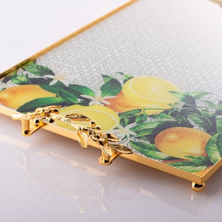 صينية تقديم مستطيلة زجاج ومعدن ذهبي