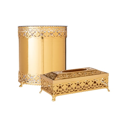 سلة وعلبة مناديل منقوش ذهبي