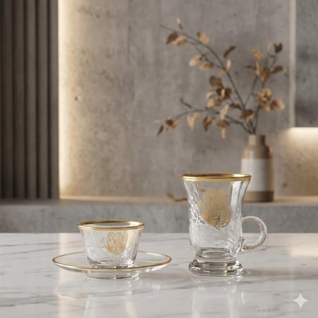 كاسات شاي وفناجين قهوة 18 قطعة ذهبي فراشة تركي