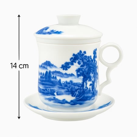 كوب بورسلان ابيض فاخر بغطاء نقشة لون ارزق مع مصفى بورسلان داخلي  300 مل