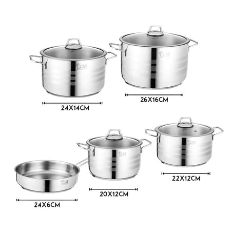 طقم قدور ستيل تركي فاخر 18/10 غطاء زجاج 9 قطعة مخطط