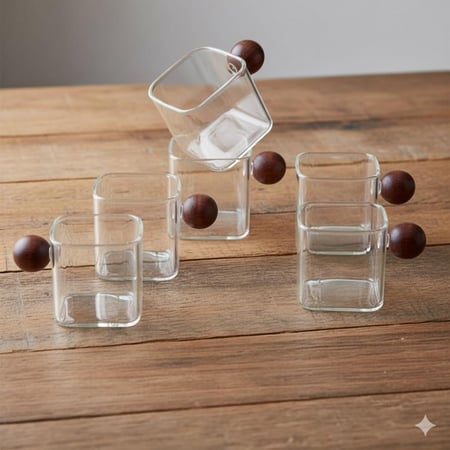 طقم فناجين قهوة زجاج سادة مربع يد خشب 6 قطعة