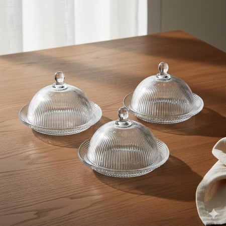 طقم صحون تقديم كيك زجاج مخطط بغطاء 3 قطعة مقاس 14 سم