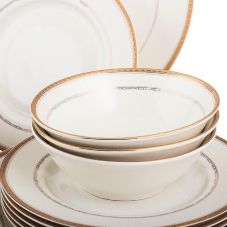طقم عشاء بورسلان فاخر ابيض نقشات ناعمة وذهبي 24 قطعة ( 6 اشخاص )