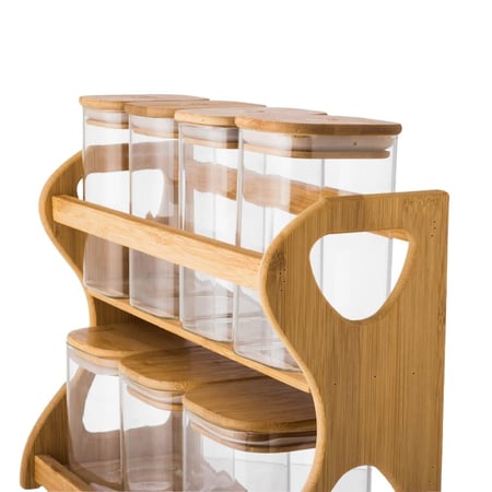 طقم علب سكر وشاي وبهارات  زجاج مع استاند خشب