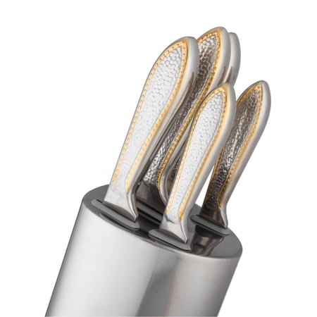 طقم سكاكين تقطيع استيل وذهبي مثلج 5 قطعة مع استاند