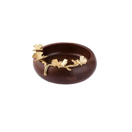 صحن مكسرات خشب هندي بديكور فراشات ذهبي