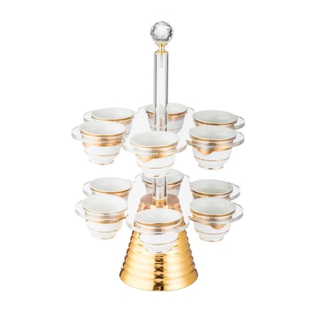 شيالة فناجين قهوة سعودي اكرليك شفاف مدورة يقاعدة معدن ذهبي 12 خانة