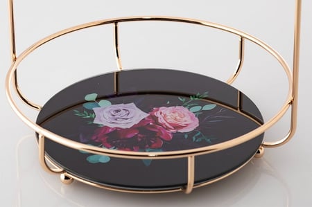 صحن تقديم زجاج اسود بحامل معدن ذهبي 2 دور