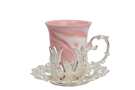 طقم بيالات شاهي مع صحن استيل - وردي فضي