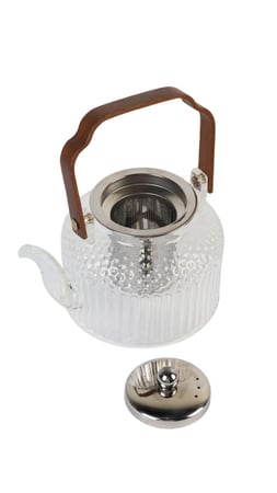 إبريق شاي زجاجي حراري بنقشة فاخرة وغطاء معدني – مقبض خشبي