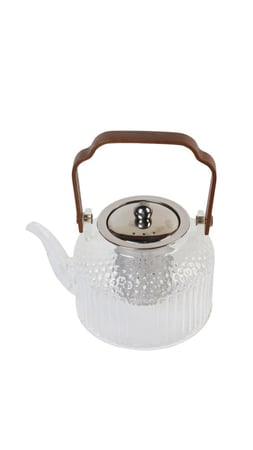 إبريق شاي زجاجي حراري بنقشة فاخرة وغطاء معدني – مقبض خشبي