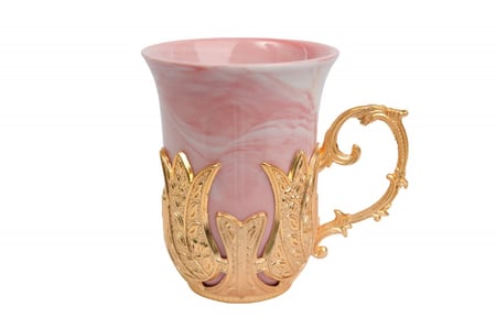 طقم بيالات شاهي مع صحن استيل - وردي ذهبي