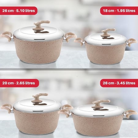 طقم مستر كوك جرانيت 18 قطعة - غطاء استيل - بيج مع 7 قطع طقم أدوات مائدة