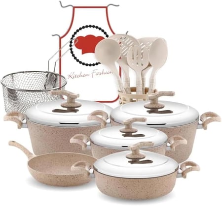 طقم مستر كوك جرانيت 18 قطعة - غطاء استيل - بيج مع 7 قطع طقم أدوات مائدة